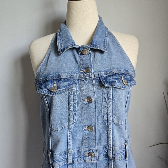 GAP, Button Front Denim Halter Medium Wash Blue Washwell Jean Dress, Size 18 - Picture 3 of 10